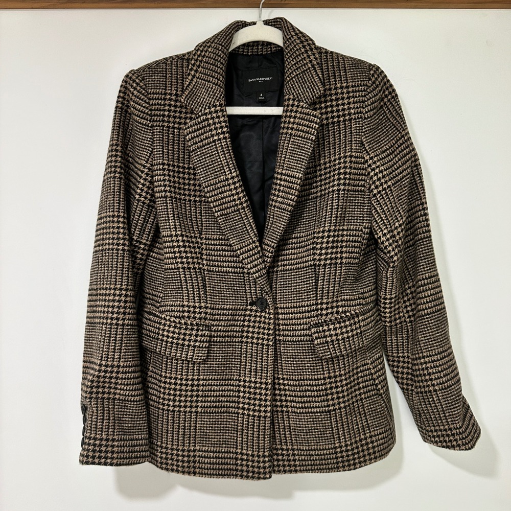 Banana Republic Wool Blend Glen Plaid Blazer Women 4 Brown Black Single Button